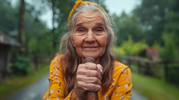 歩く杖を持った年配の女性が屋外で笑顔を浮かべる自然の中のクローズアップ肖像画