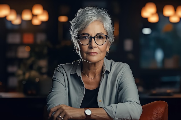 An elderly woman with white hair in a light casual shirt with neon light in the background