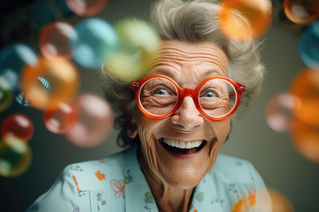 Photo elderly woman with wide grin vibrant red glasses and styled gray hair exuding joy and playfulness amidst a blur of colorful beads