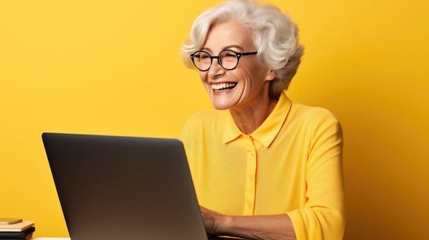 Photo elderly woman working on a laptop on a yellow background