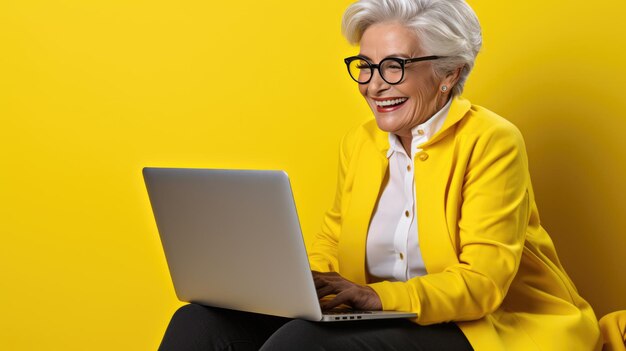 Elderly woman working on a laptop on a yellow background