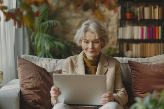 Elderly woman works from home on laptop takes notes