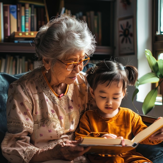 An elderly woman and a young girl are sitting together and reading a book