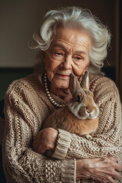 老婦人 ウサギを抱きしめる時の尊厳の表情 賢明さと友情の物語 高齢者のケアや動物の治療上の利点について