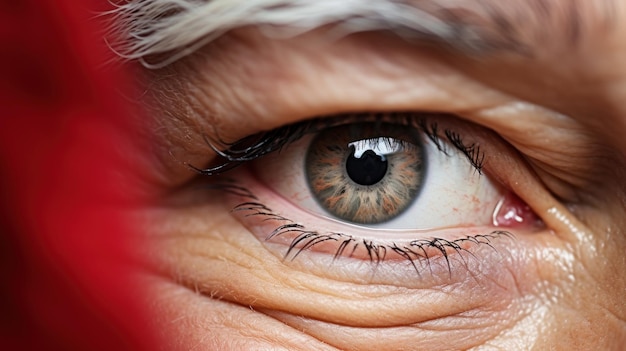 An elderly womans eye with a red scarf ai