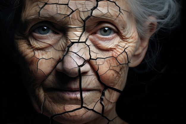 Elderly womans face with a poignant cracked earth texture a profound metaphor on aging