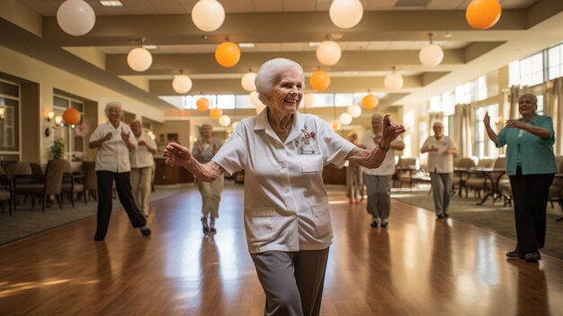 Photo elderly women doing exercise in the nursing home senior movement and recreation never too old for working out