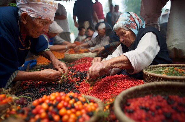 Elderly women sorting berries Female pickers sorting manually fruits Generate ai