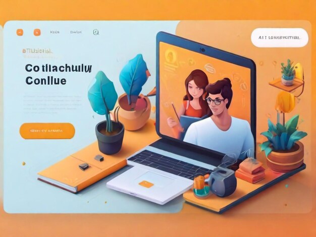 Elearning banner Online education home schooling Modern workplace man teacher on laptop screen woman watching online course Web courses or tutorials concept Education vlog Vector illustration