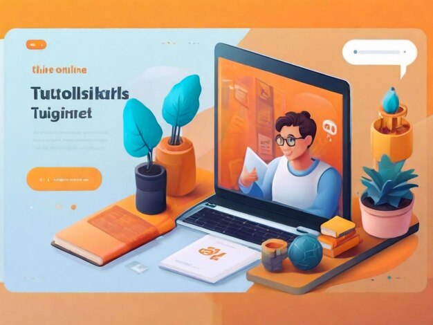 Photo elearning banner online education home schooling modern workplace man teacher on laptop screen woman watching online course web courses or tutorials concept education vlog vector illustration