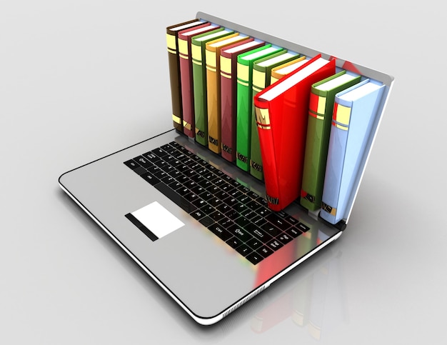 Elearning concept. laptop and books.3d illustration