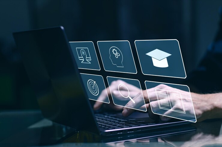 Elearning 및 온라인 교육 개념 노트북 키보드 웹 인터넷 기술 온라인 교육 웹 세미나에 손을 잡고 남학생 학습 수업 과정