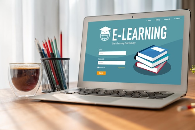 Foto sito web di e-learning con software di moda per gli studenti che studiano su internet