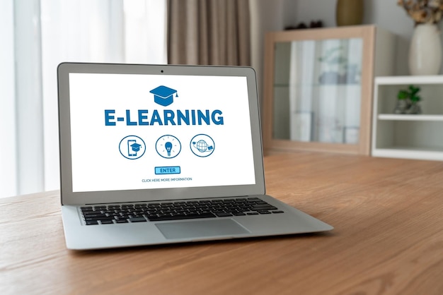 Foto sito web di e-learning con software moderno per consentire agli studenti di studiare online sulla rete internet