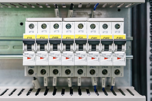 Photo electical distribution fuseboard. electrical supplies. electrical panel at a factory