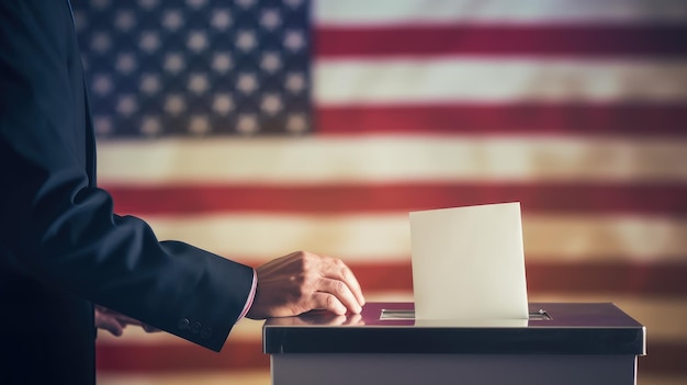 Photo election season essence the concept of democracy as a voter holds an envelope above the ballot during united states elections us flags wave proudly in the background