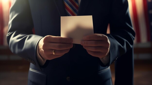 the election in the United States featuring a voter holding an envelope over a vote ballot