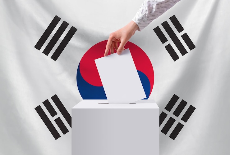 Photo 선거 한국 한 손이 투표용지에 투표용지를 던집니다. 민주주의의 개념