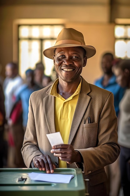 Elections in Zimbabwe Adult smiling African man in beige suit yellow shirt and hat is standing near a votebox The concept of elections in Africa Vertical Generative AI