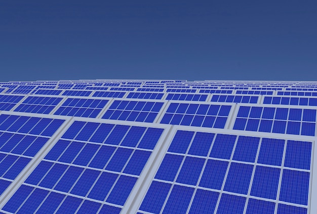 electirc energy generator system, solar cells panels field with blue sky as background.