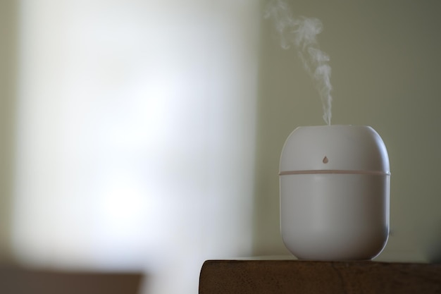 Photo electric aroma therapy diffuser blowing light mist over blurry background