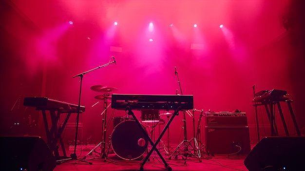 Electric atmosphere in an empty concert stage with vibrant pink lights and musical instruments Preshow excitement captured Conceptual silence before the melody starts AI