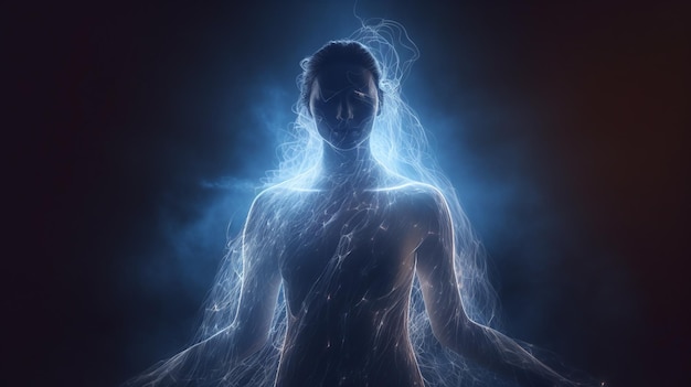 Electric Aura A Stunning Render of a Woman Emanating a Glowing Blue Aura in the Dark