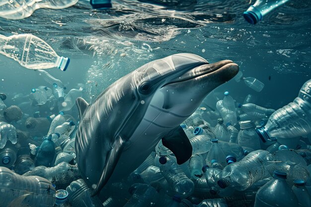 Electric blue dolphin swimming in sea cluttered with plastic bottles