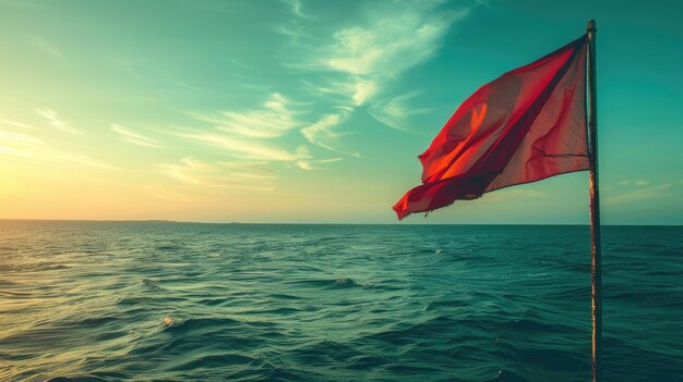 Electric blue flag waves in fluid sky on the ocean signaling danger in wind aig