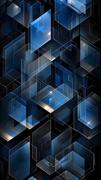 Electric blue rectangles floating in symmetry on black backdrop