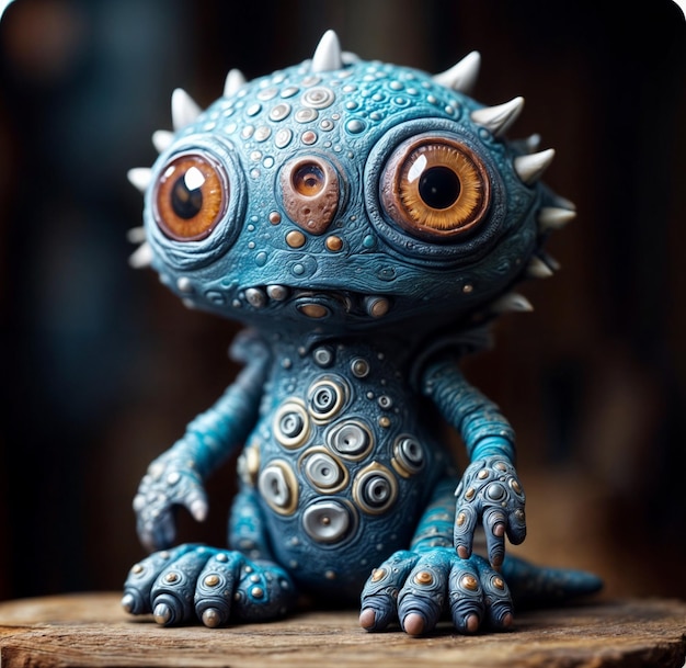 나무 테이블 위의 전기 파란 장난감 괴물 재미있는 예술 작품