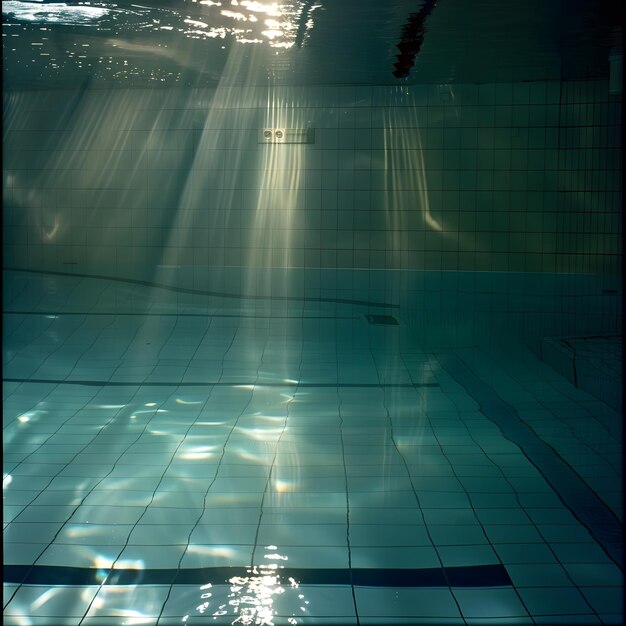 Electric blue water shimmers through the glass ceiling of the swimming pool