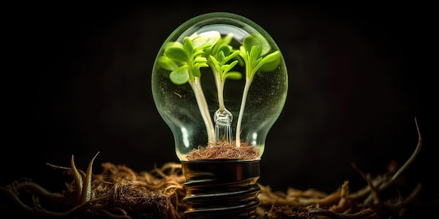Электрическая лампочка с растущим зеленым растением в концепции экологической жизни планеты