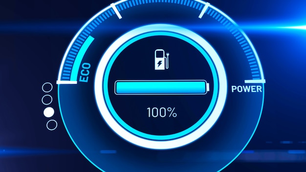 Photo electric car battery in active charging visionary dashboard