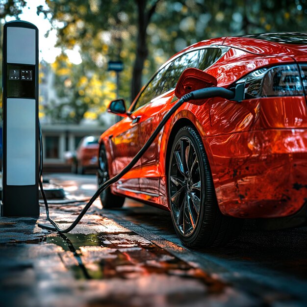 写真 電気自動車の充電所で充電する電気自動車