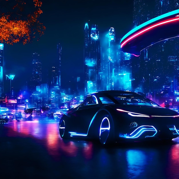 Электрический автомобиль Биолюминесцентные огни Футуристический город с рекламными щитами Дорога Гиперреалистическая фантазия ИИ G