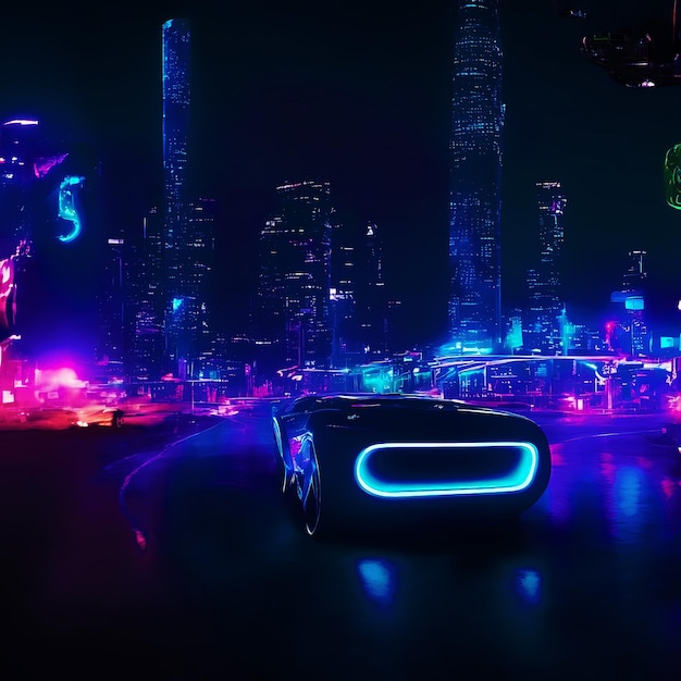 Electric Car Bioluminescent lights Futuristic City With Billboards Road Hyper Realistic Fantasy AI G