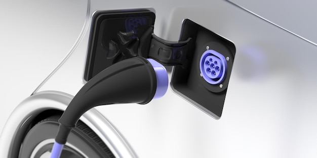 Electric car charger socket type 2 on white vehicle 3d illustration