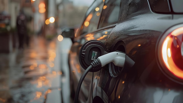 Photo electric car charging in the city closeup selective focus