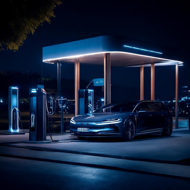 Electric car charging at a gas station in the city