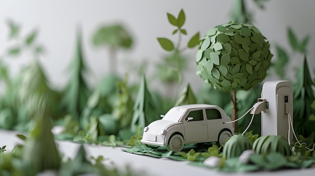 写真 電気自動車の充電 緑のエネルギー 森の充電 白と緑の色 生成ai