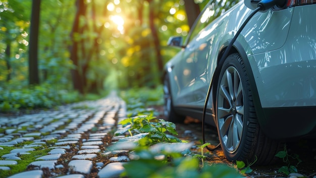 Electric Car Charging in Lush Forest Environment