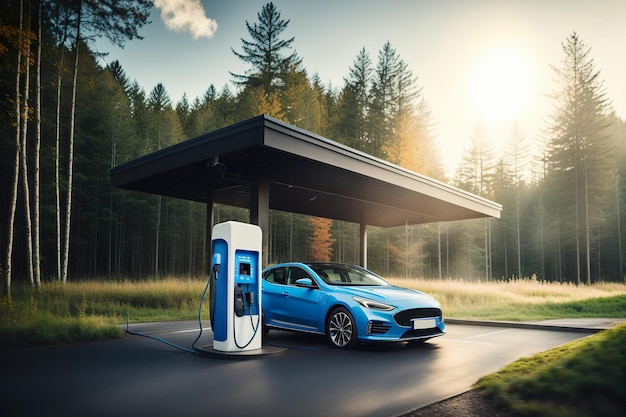 Electric car charging at a power station Generative AI