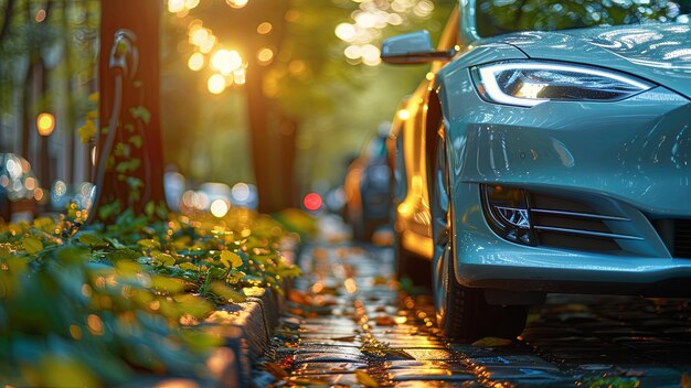 夕暮れの雨の街で電気自動車の充電