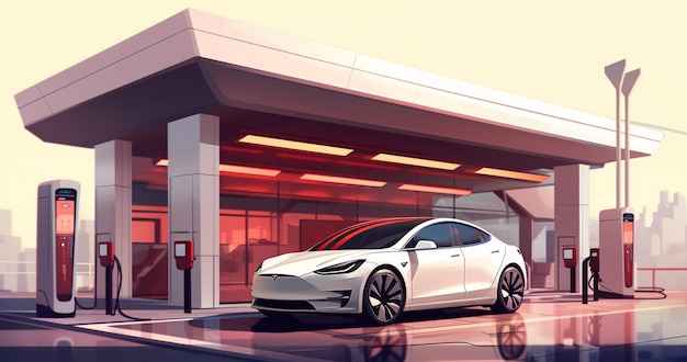 Electric car at a charging station 3d illustration