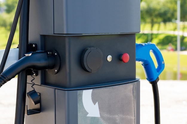 An electric car charging station, close up photo