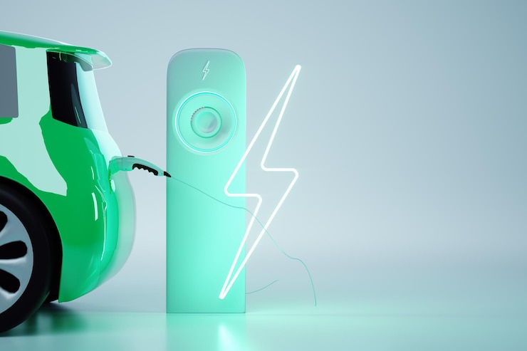 Photo 充電ステーションの電気自動車。電気モーターのコンセプト、電気自動車、充電ステーション、グリーンテクノロジー、未来。コピースペース、3dレンダリング、3dイラスト。