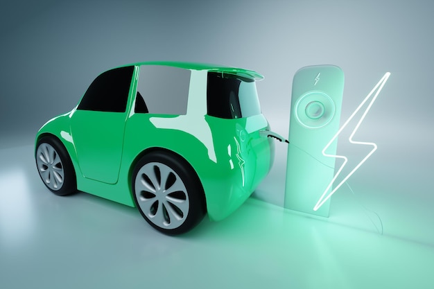 Electric car at the charging station. electric motor concept,\
electric car, charging station, green technologies, future. copy\
space, 3d render, 3d illustration.