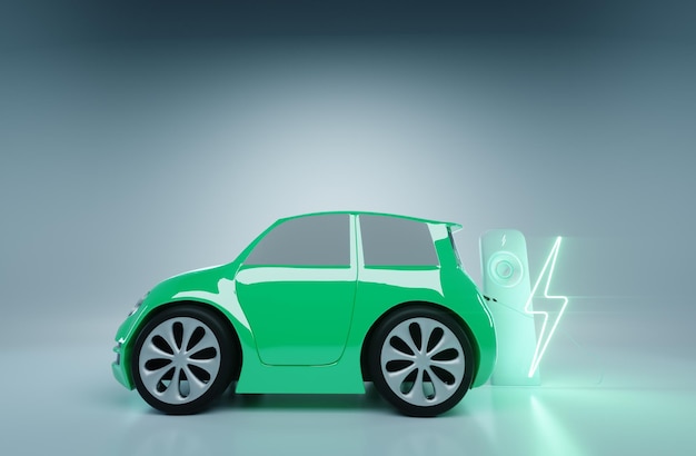 충전소에서 전기 자동차입니다. 전기 모터 개념, 전기 자동차, 충전소, 녹색 기술, 미래. 공간, 3D 렌더링, 3D 그림을 복사합니다.