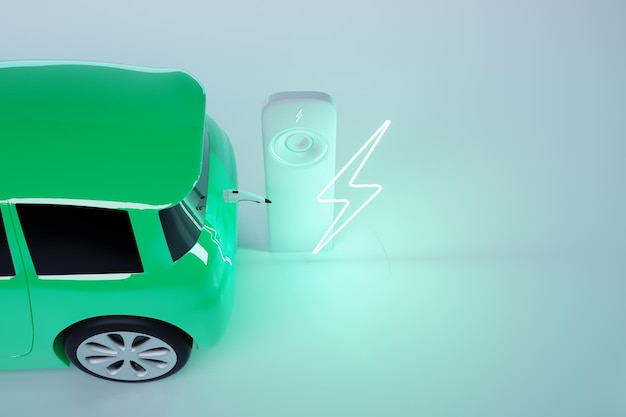 Electric car at the charging station. electric motor concept,
electric car, charging station, green technologies, future. copy
space, 3d render, 3d illustration.